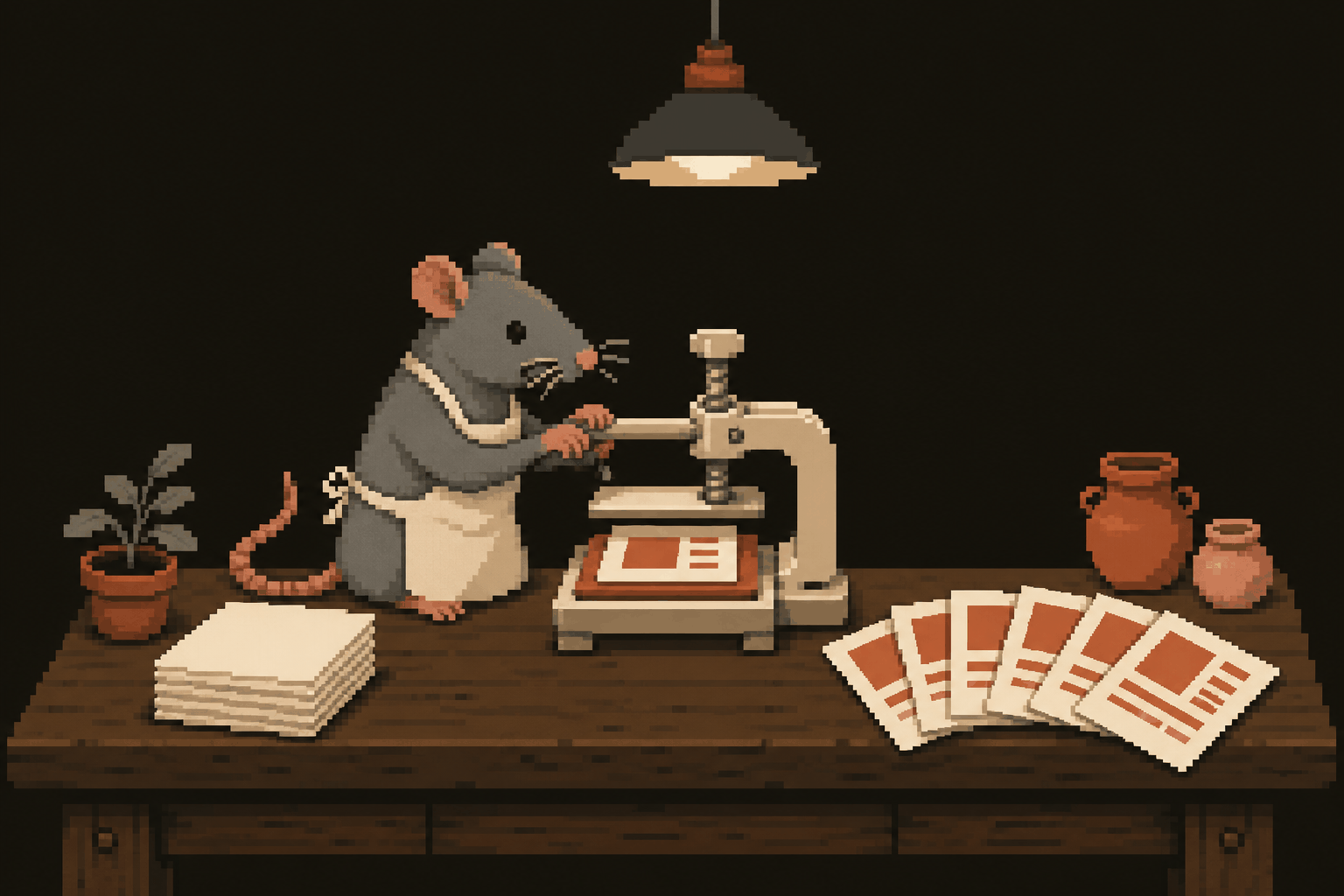 rato operando uma pequena prensa que estampa cartões quadrados, com os slides prontos abertos em leque ao lado