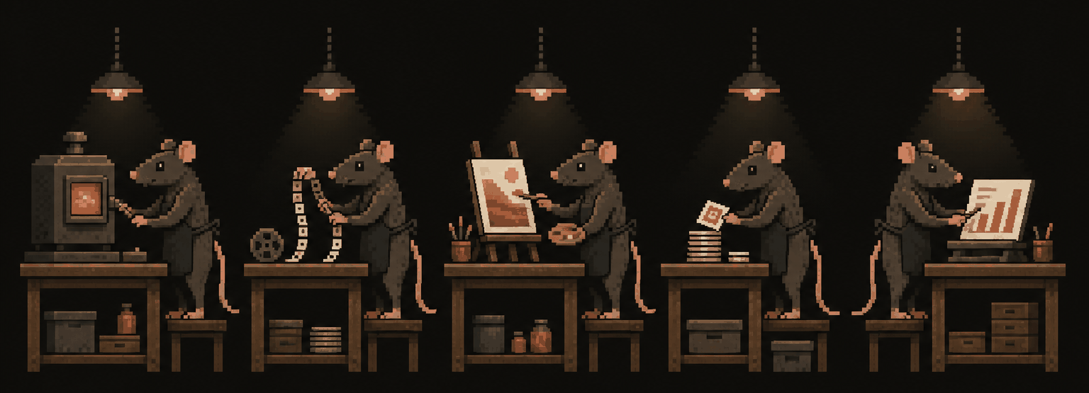 oficina 8-bit com cinco ratos, cada um numa área do trabalho