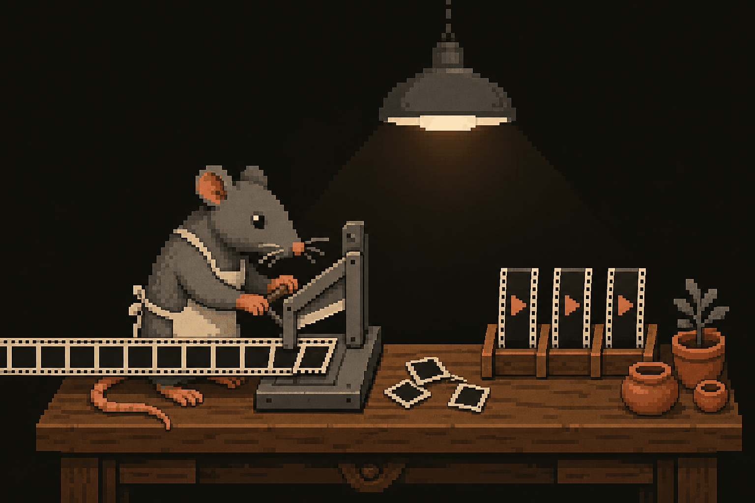 rato cortando uma tira de filme numa guilhotina, com os cortes prontos em pé numa prateleira