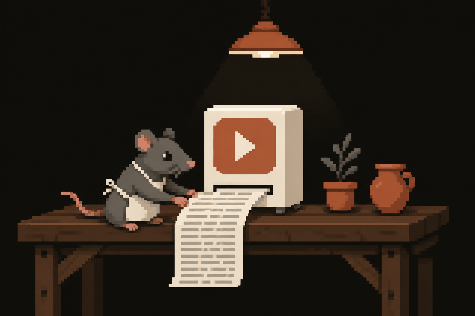 rato puxando um rolo de papel escrito de dentro de uma caixinha com um botão de play